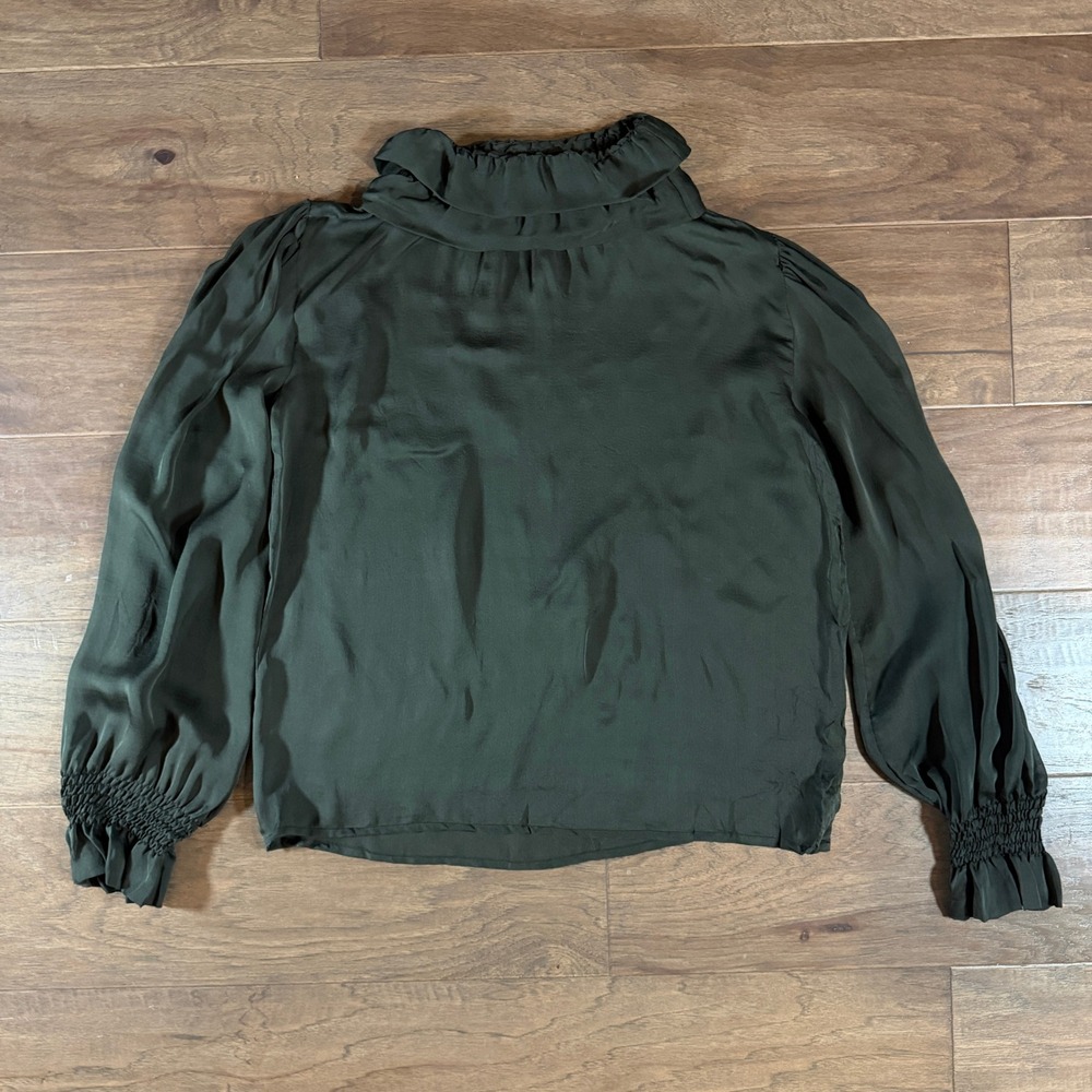 Dianne B Silk Blouse Dark Olive Green Ruffle Neck Smocked Cuff Long Sleeve Med